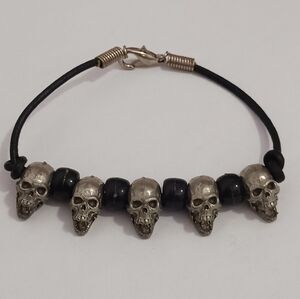 Skull Bead Leather Bracelet in Black and Silver